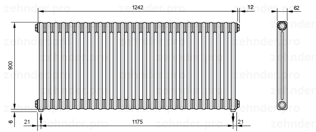 Схема (чертеж) Радиатор Zehnder Charleston 2090/27 №3570 Белый глянцевый RAL 9016